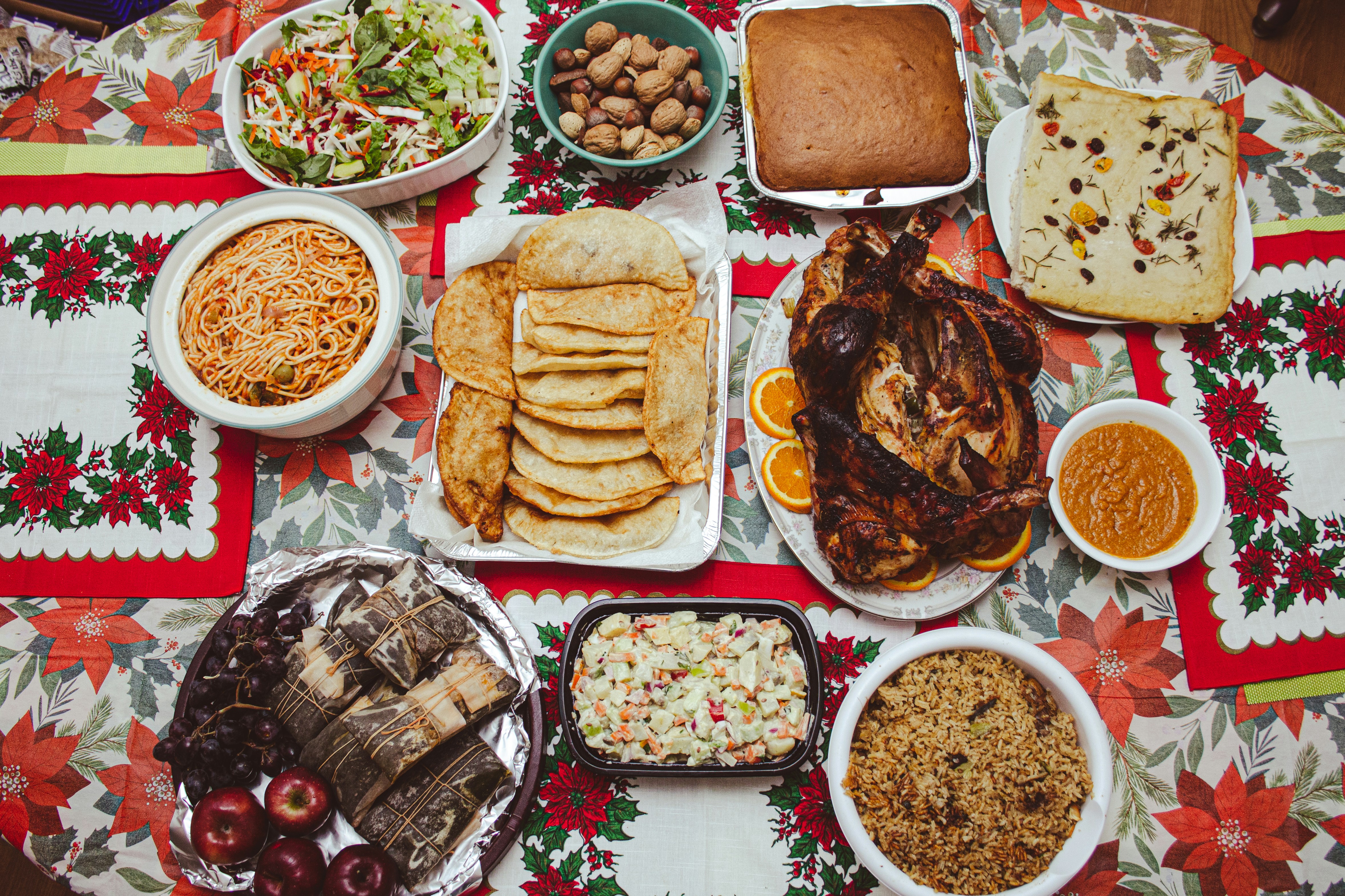 a table is filled with food