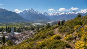 Editorial image of hikers above a Chilean valley with snow-capped Andes and seasonal wildflowers.