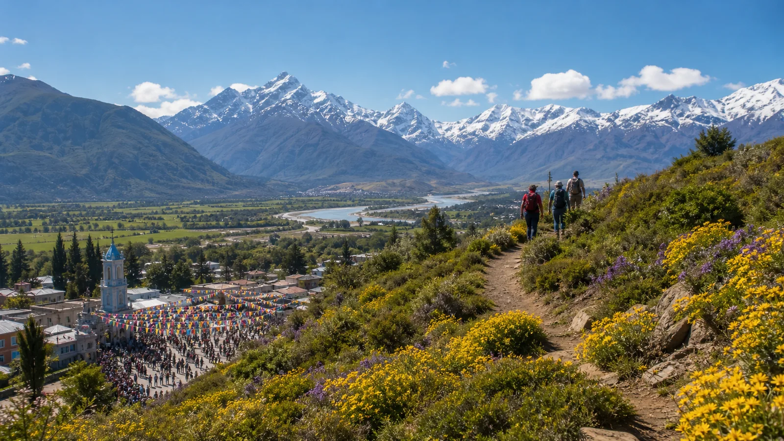 Editorial image of hikers above a Chilean valley with snow-capped Andes and seasonal wildflowers.