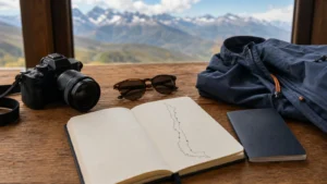 Editorial image of Chile travel planning items on a table with an Andes view.