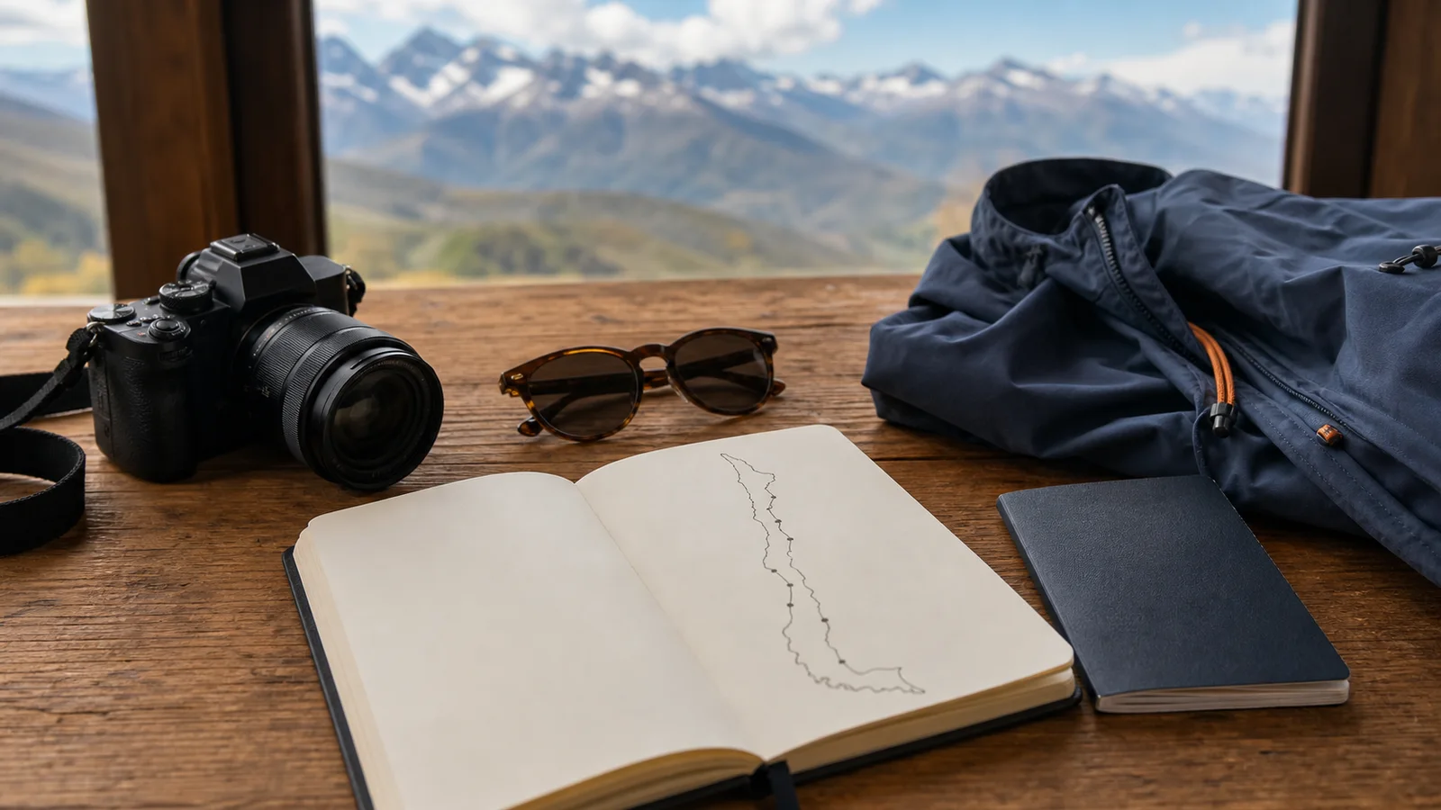 Editorial image of Chile travel planning items on a table with an Andes view.
