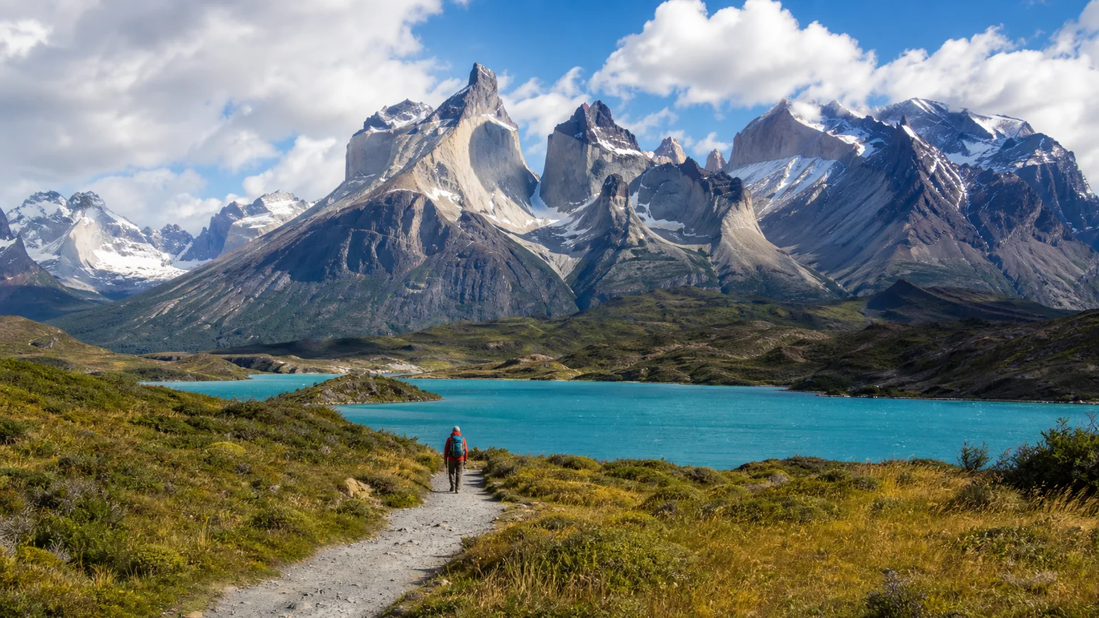 Editorial image of dramatic Chilean mountain peaks, turquoise lake water, and a scenic trail.