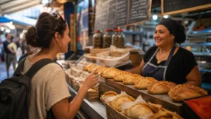Editorial image of a traveler ordering food at a Chilean market stall.