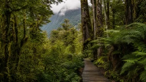 Editorial image of a wooden trail through lush temperate rainforest in Pumalin Park.