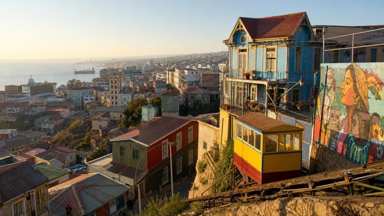 Editorial image of Valparaiso hillside homes, funicular tracks, murals, and the Pacific coast.
