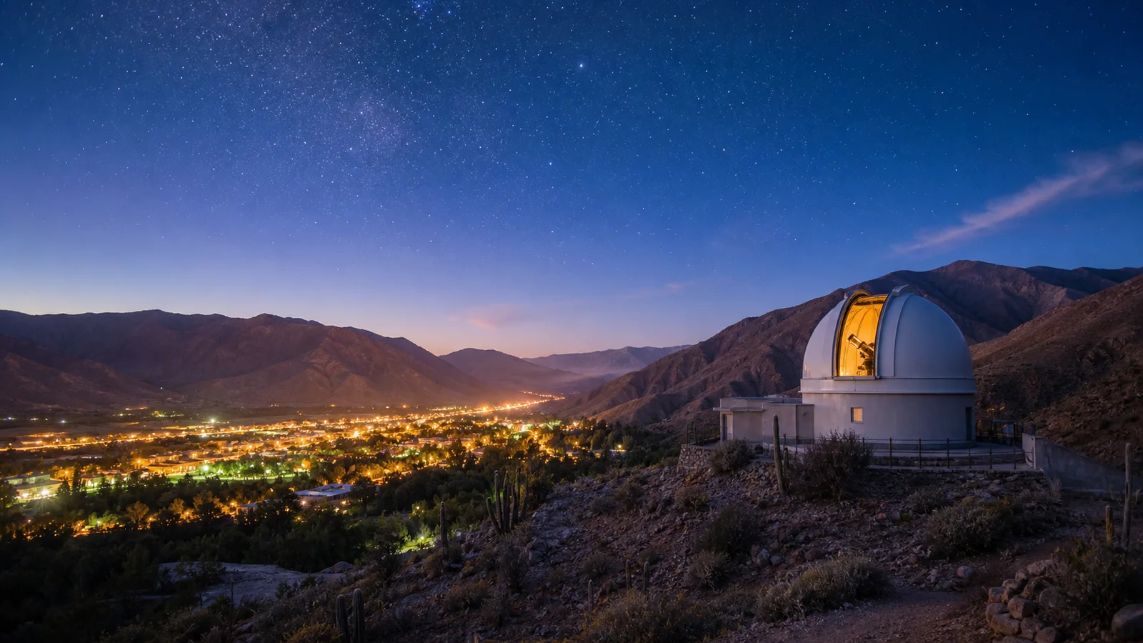 Editorial image of an observatory dome under a starry twilight sky in Chile’s Elqui Valley.